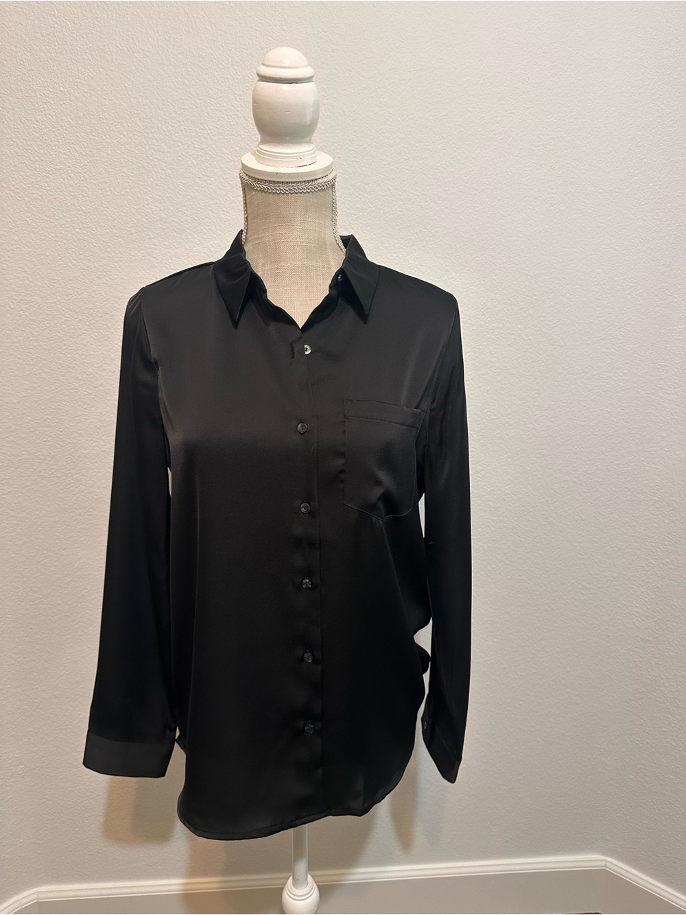 Skies Are Blue Black Satin Button-Down Blouse
